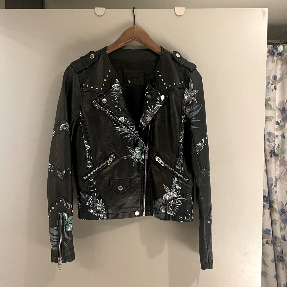 NWOT Blank NYC Vegan Leather Moto Jacket | Black and Floral Design | Size S